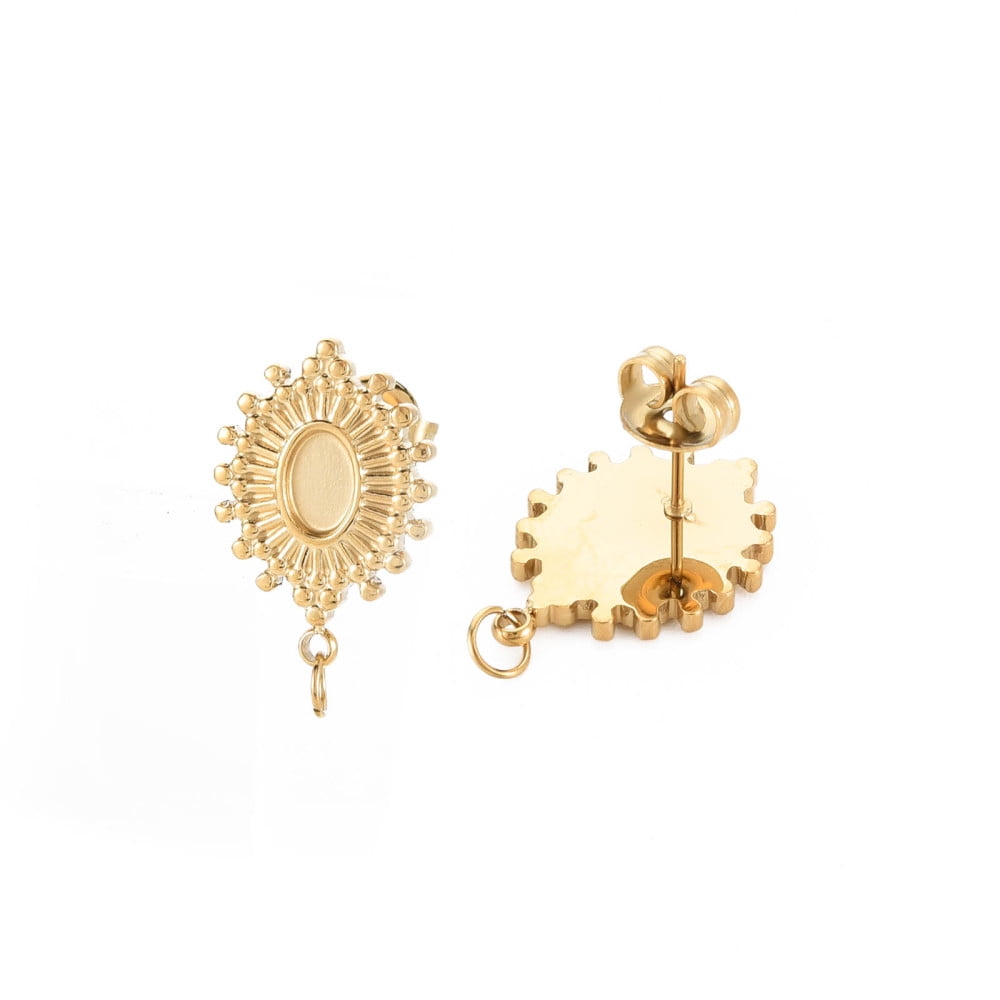 304 Stainless Steel Stud Earring Findings Earring Setting for Enamel with Ear Nuts and Loops Oval Real 14K golden Plated 20x14mm Hole: 2.5mm Pin: 0.7mm Tray: 4x6mm