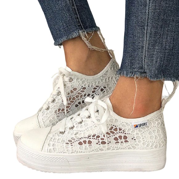 Womens Lace Sneakers Fashion Mesh Low Cut Canvas Shoes Lace Crochet Lace Up Walking Running Tennis Shoes Lightweight Breathable Flat Wedding Shoes Bridal Sneakers