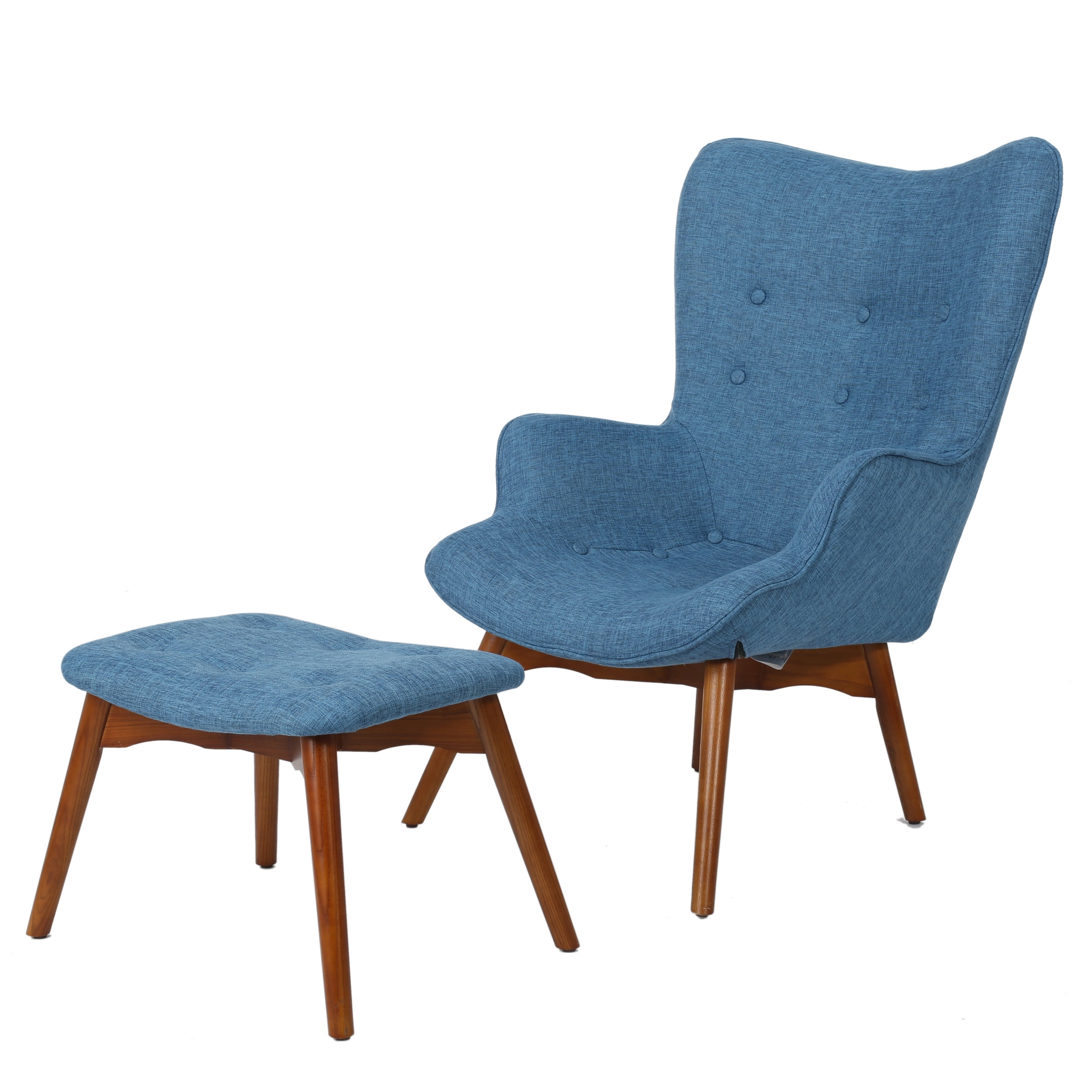 Akoa Mid-Century Modern Wingback Fabric Chair and Ottoman Set, Muted Blue and Brown - Walmart 