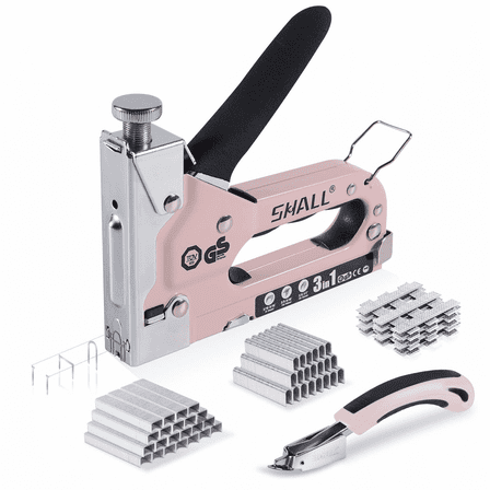 SHALL Staple Gun Heavy Duty, 3-in-1 Upholstery Staple Gun Kit with 3000 Staples, Staple Remover, Manual Brad Nailer with Specific Staples Outlet Position Indicator Pink