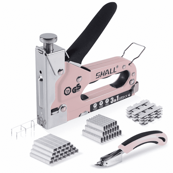SHALL Staple Gun Heavy Duty, 3-in-1 Upholstery Staple Gun Kit with 3000 Staples, Staple Remover, Manual Brad Nailer with Specific Staples Outlet Position Indicator Pink