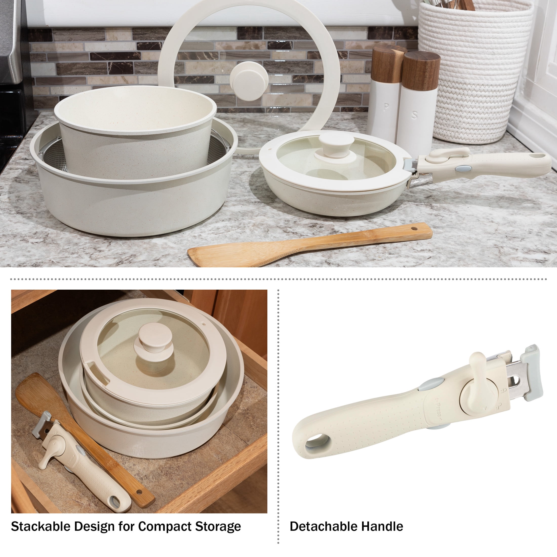 Home-Complete 8PC Nonstick Pots and Pans Set with Detachable Handle (Cream)