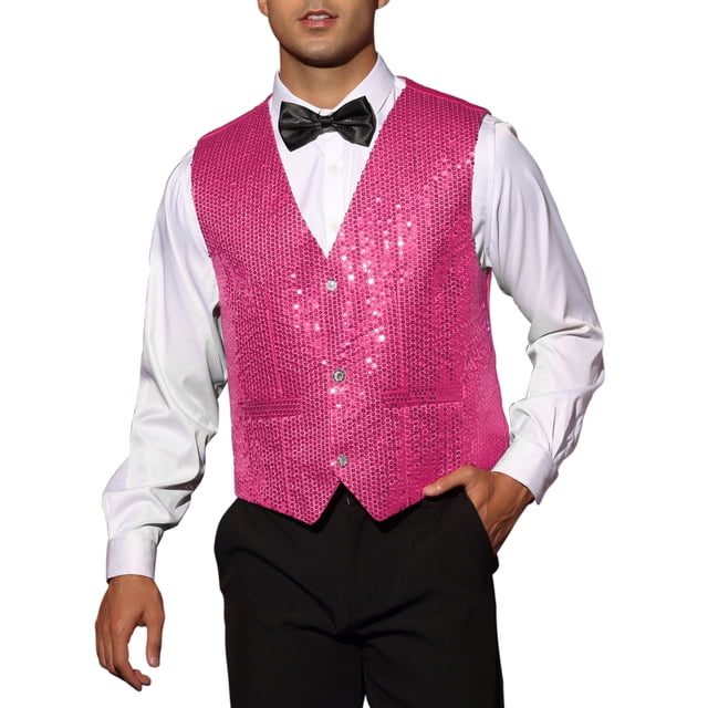INSPIRE CHIC Gilet Scintillant à Paillettes pour Homme, Col en V, Sans Manches, pour Fête, L Rose Rouge