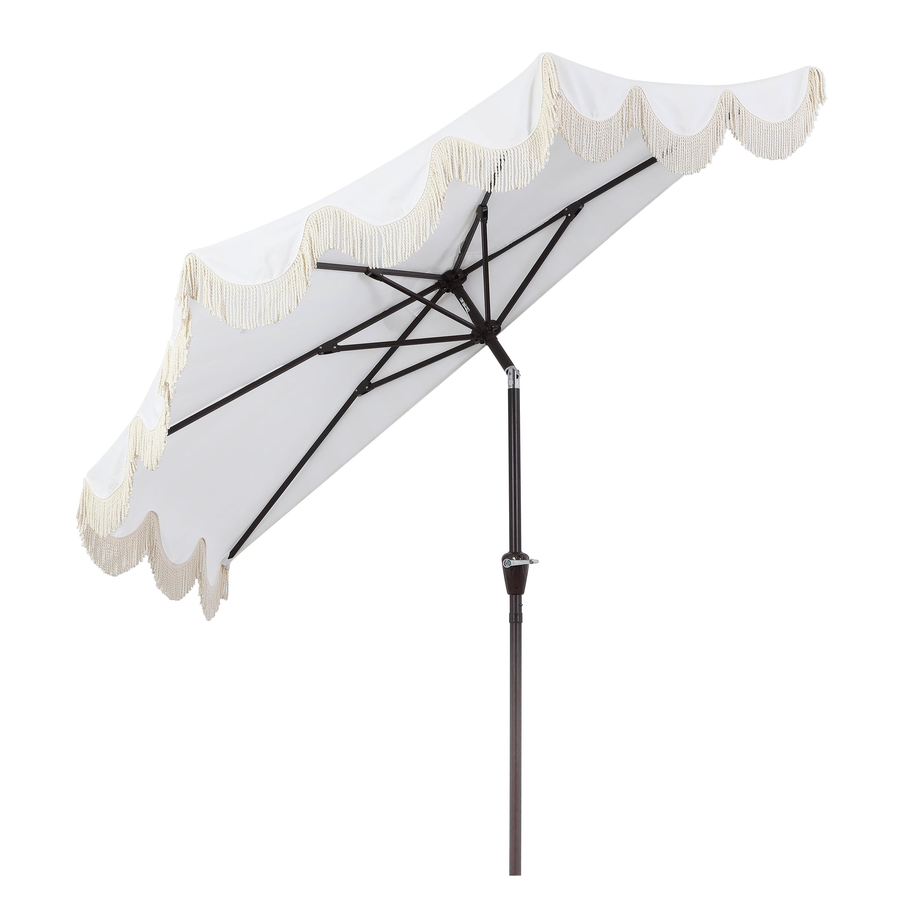 JONATHAN Y Beverly 9 ft. Half Market Patio Umbrella, Designer Classic Scalloped Fringe with Crank, Tilt Button and UV Protection, Cream/White, Dark Brown Pole