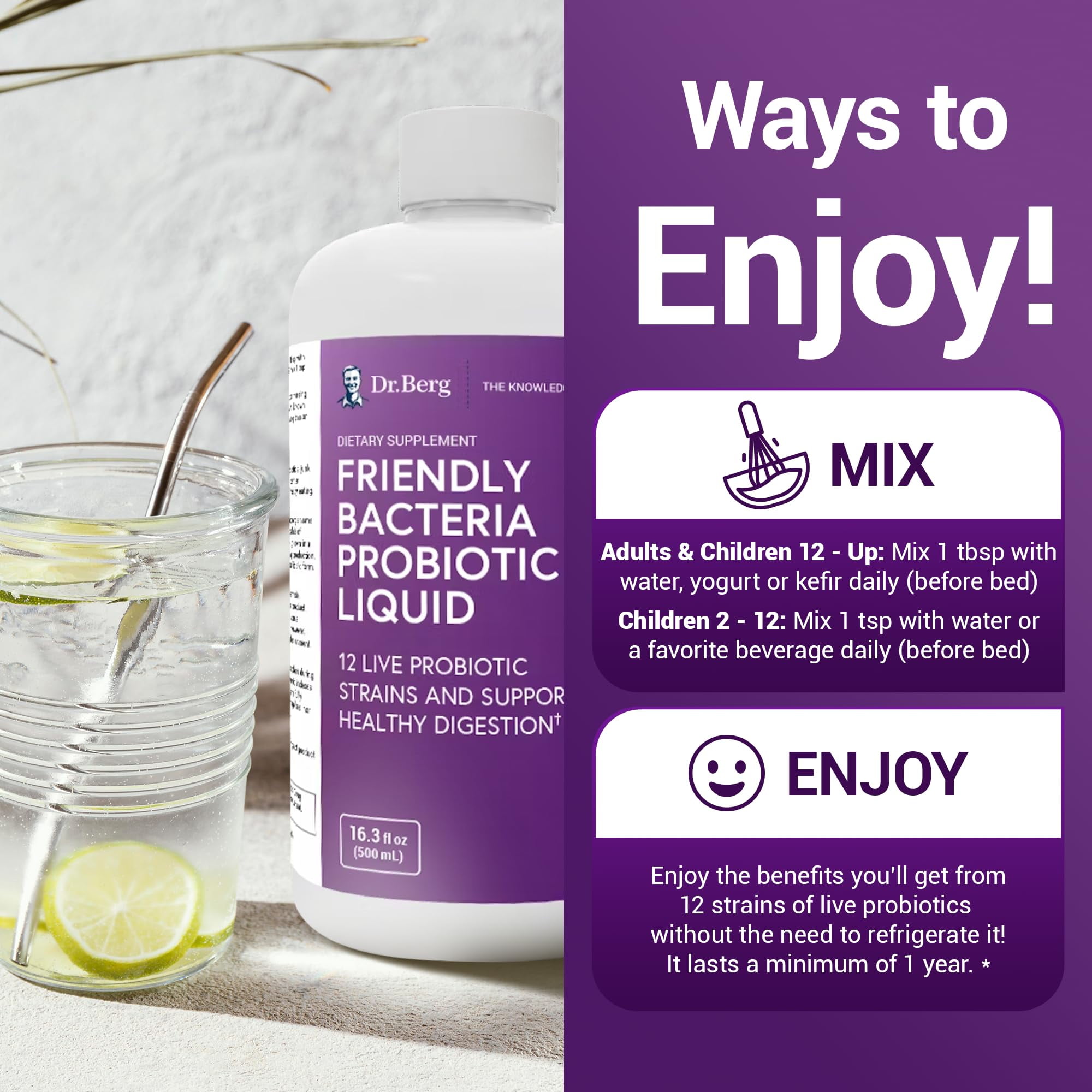 Dr. Berg Probiotic Liquid - Probiotic Drink Mix w/ 12 Live Probiotic Strains - Men Women & Kids - 500 ml