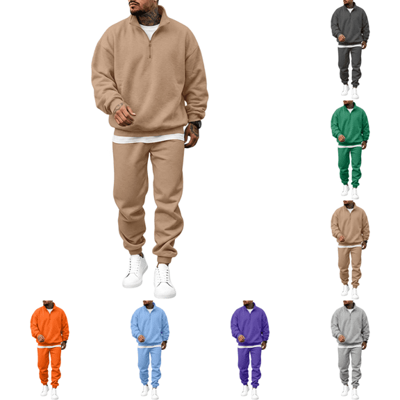 Mens 2 Piece Outfits Casual Fashion 1/4 Zip Hoodie Sweatshirt Sweatsuit Set Winter Fleece Hoodie Sweatshirt&Joggers Sweatpants Khaki 2XL