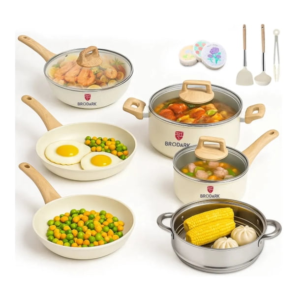 Juego De 15 Piezas Sartenes Batería De Cocina Wok Antiadherentes Sartén Ollas Y Medical Stone Compatible Para Inducción Y Gas Modelo Blanco