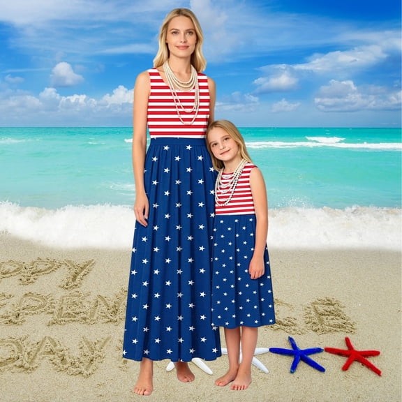 Mommy and Me Matching Outfits Stars And Stripes 4th of July Dress Sleeveless Crewneck Sundress Patriotic Dresses for Women Girls