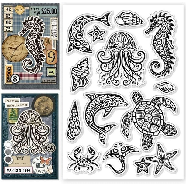 Sellos transparentes de vida marina con diseño de mandala, caballito de mar, tortuga marina, delfín, medusa, sello transparente de silicona.