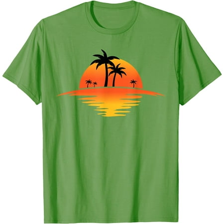 Sunset Beach Silhouette Tropical Palm Tree Sunny Lover Gift Unisex T-Shirt for Men Women Kids Toddler Lime Color Size 4XL
