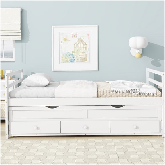 White Twin Storage Bed with Trundle and Headboard, Space-Saving Platform Bed Frame with 3 Drawers