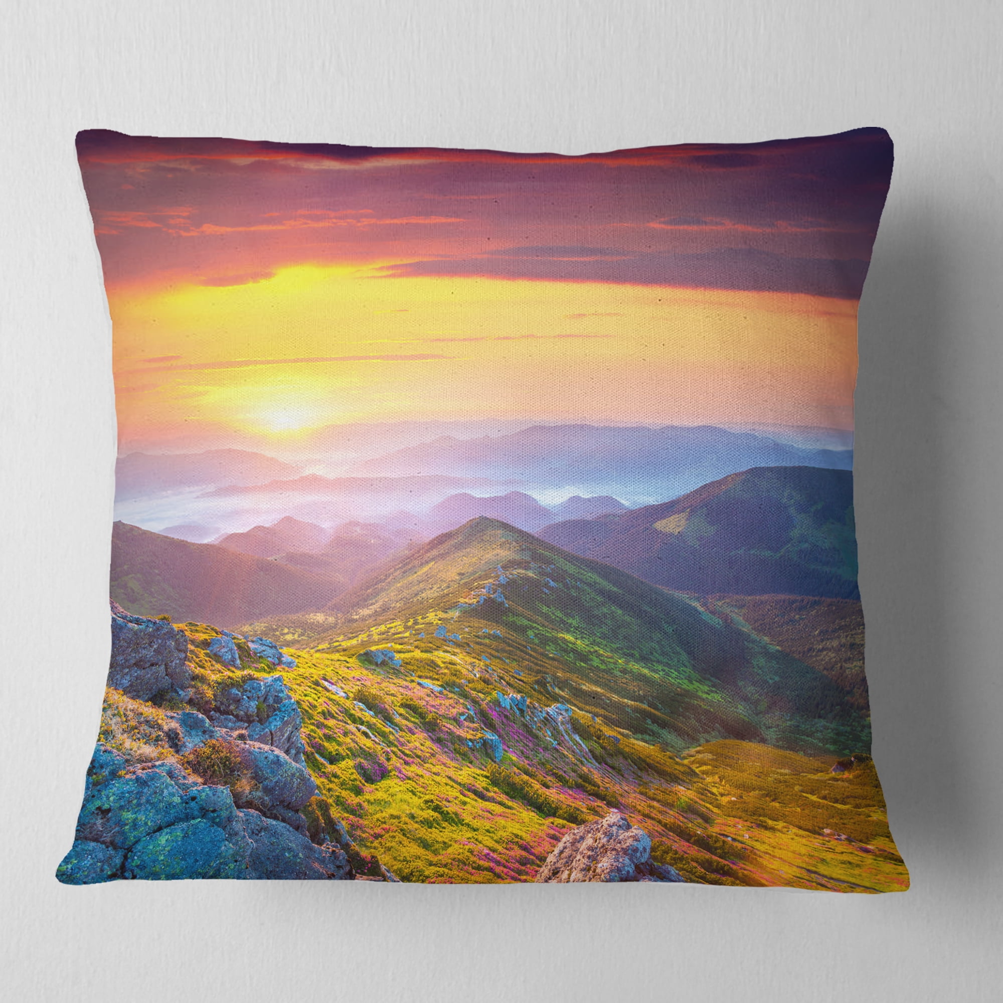 Designart Rhododendron Flowers in Colorful Hills - Landscape Photography Throw Pillow - 16x16