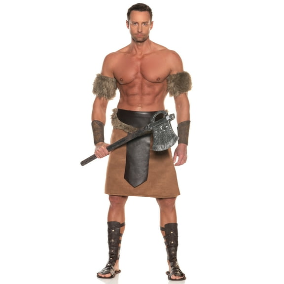 UNDERWRAPS Mens Halloween Barbarian Costume - Faux Suede Skirt Fur Trimmed Belt Fur Arm Cuffs, Renaissance Costume, Cosplay Medieval Outfit