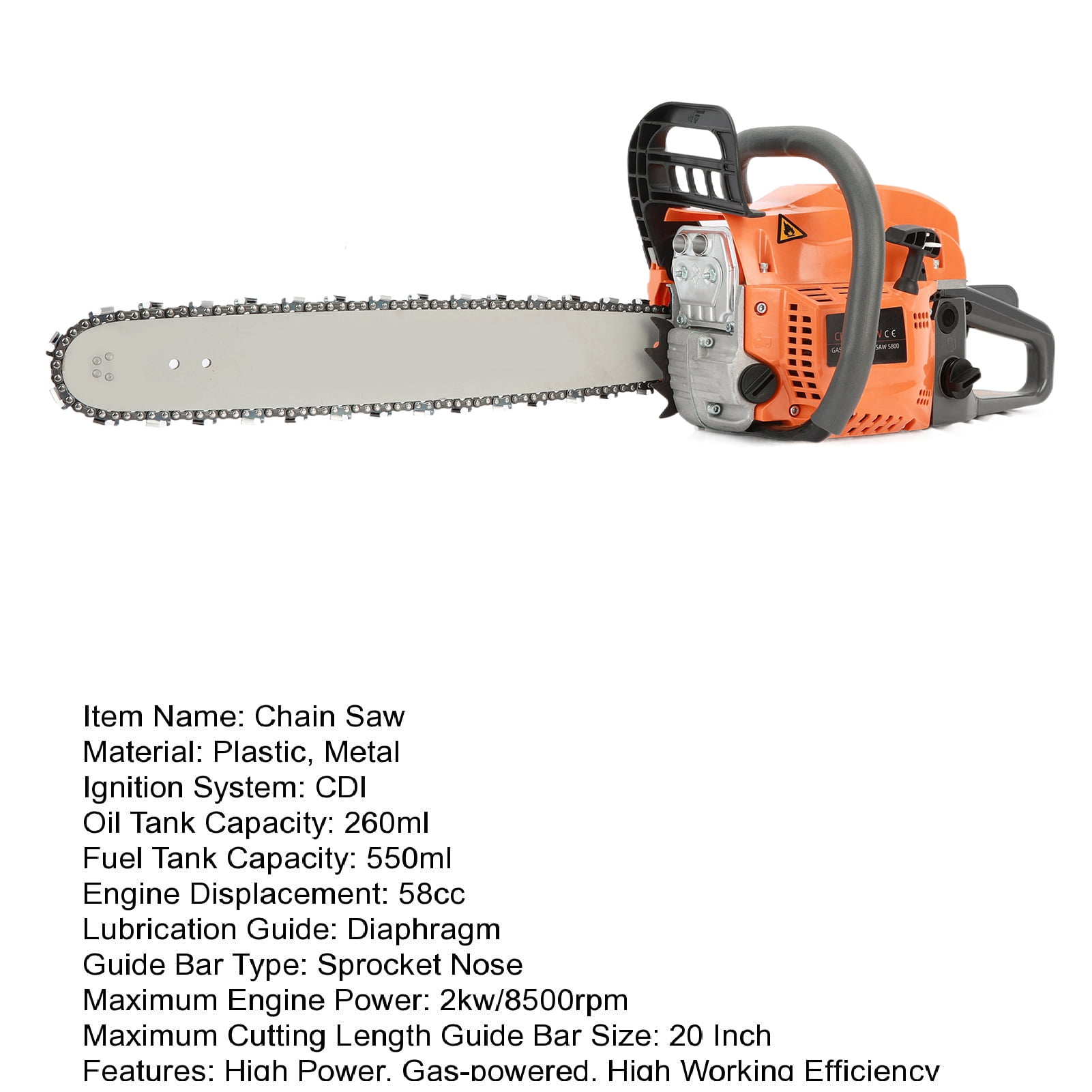 Zksm Gas Chainsaw, 58-cc 2-Cycle Power Engine, 20" Chainsaw Handheld Gasoline Powered Chain Saws, Ideal for Wood Cutting, Tree Trimming and Land Clearing