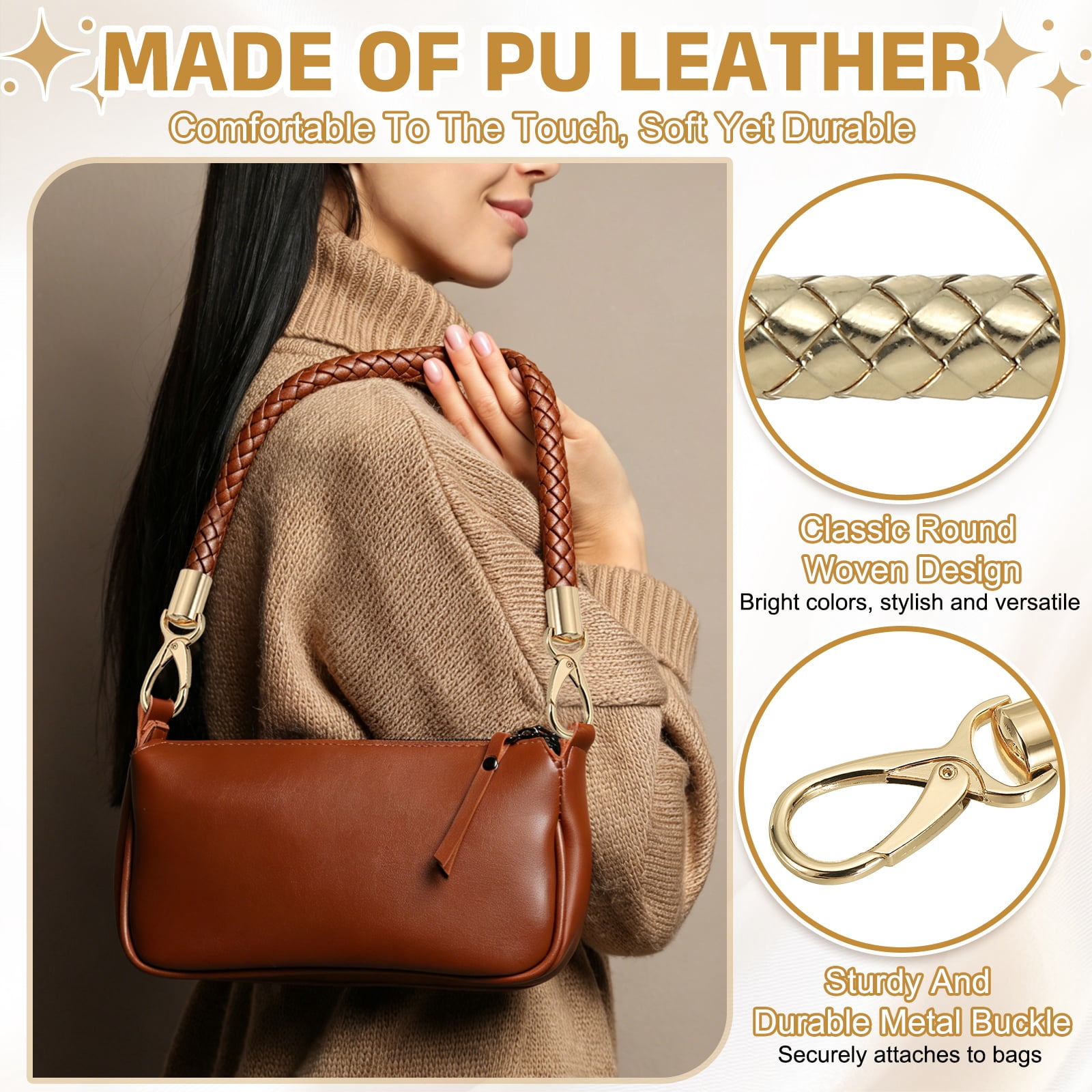 Uxcell 2 Pcs Braided Purse Strap, 65cm 25.6" PU Leather Shoulder Purse Strap for Handbag Bag Handle Replacement for DIY Making Handbag Underarm Bag, Light Gold (Light Gold Buckle)