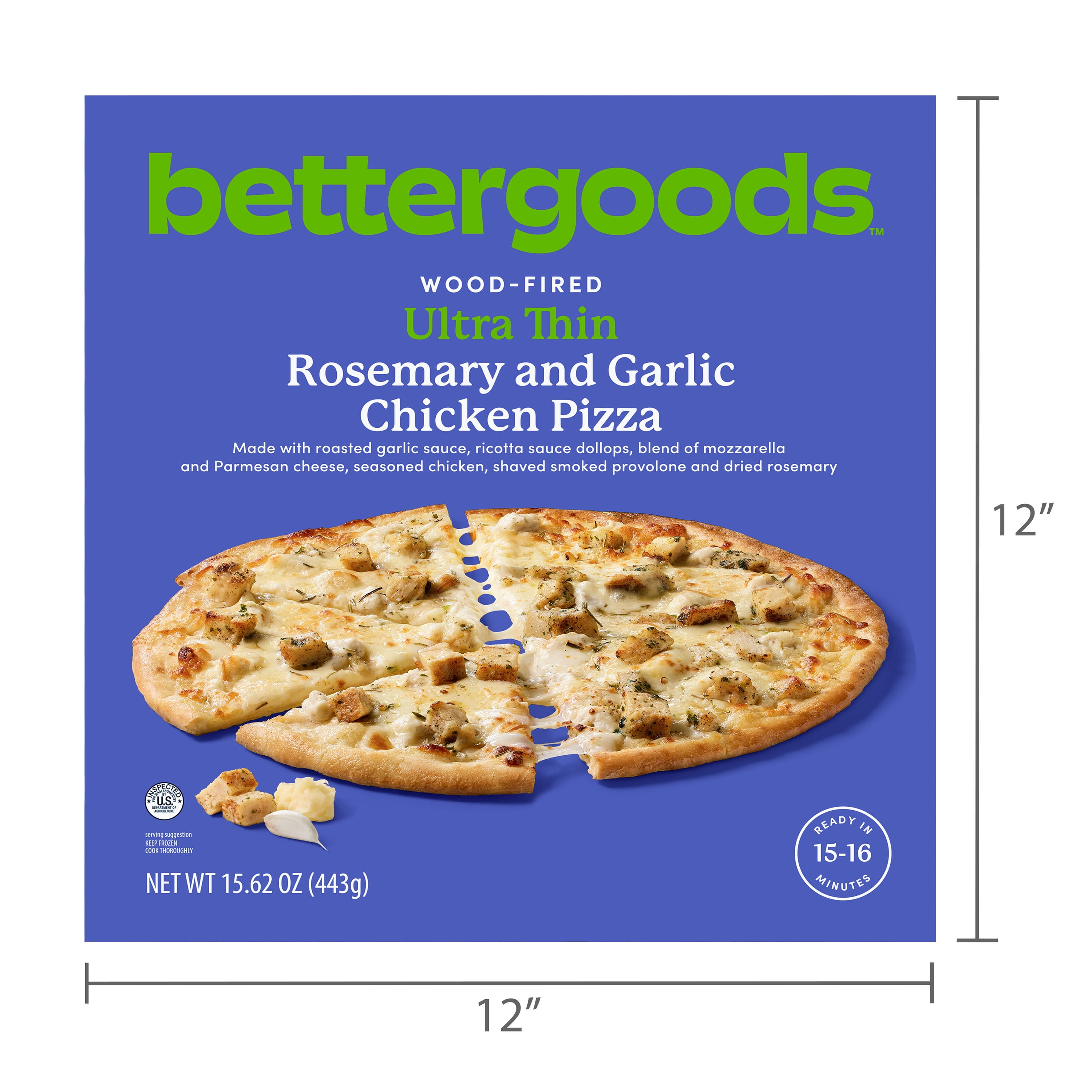 bettergoods Wood-Fired Ultra-Thin Roasted Garlic and Rosemary Chicken Pizza, 15.6 oz (Frozen)
