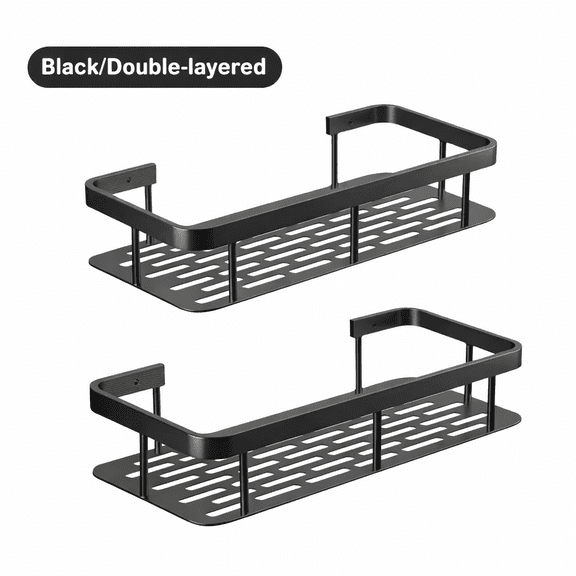 Aluminum Shower Caddy Set, No-Drill Adhesive Wall Mounted Shelves, 2-Pack Bathroom Organizer with Hooks & Towel Bar, Rustproof Storage for Shower, Bathroom & Kitchen, Black