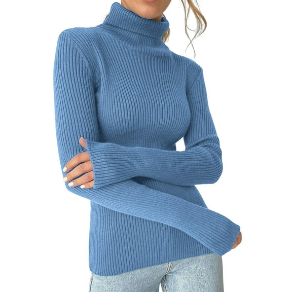 Ribbed Sweaters for Women Cute High Neck Knitted Warm Fitted Sweater Sea Blue One size