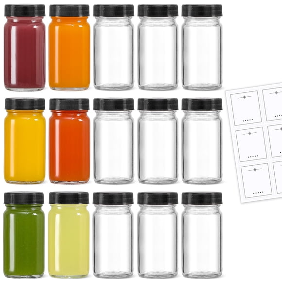 Botellas de vidrio para chupitos LANDNEOO de 60 ml con tapas negras, paquete de 15