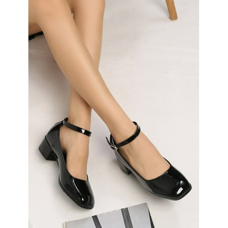 

Buckle Decor Square Toe Chunky Heeled Ankle Strap Pumps Women‘s Footwear