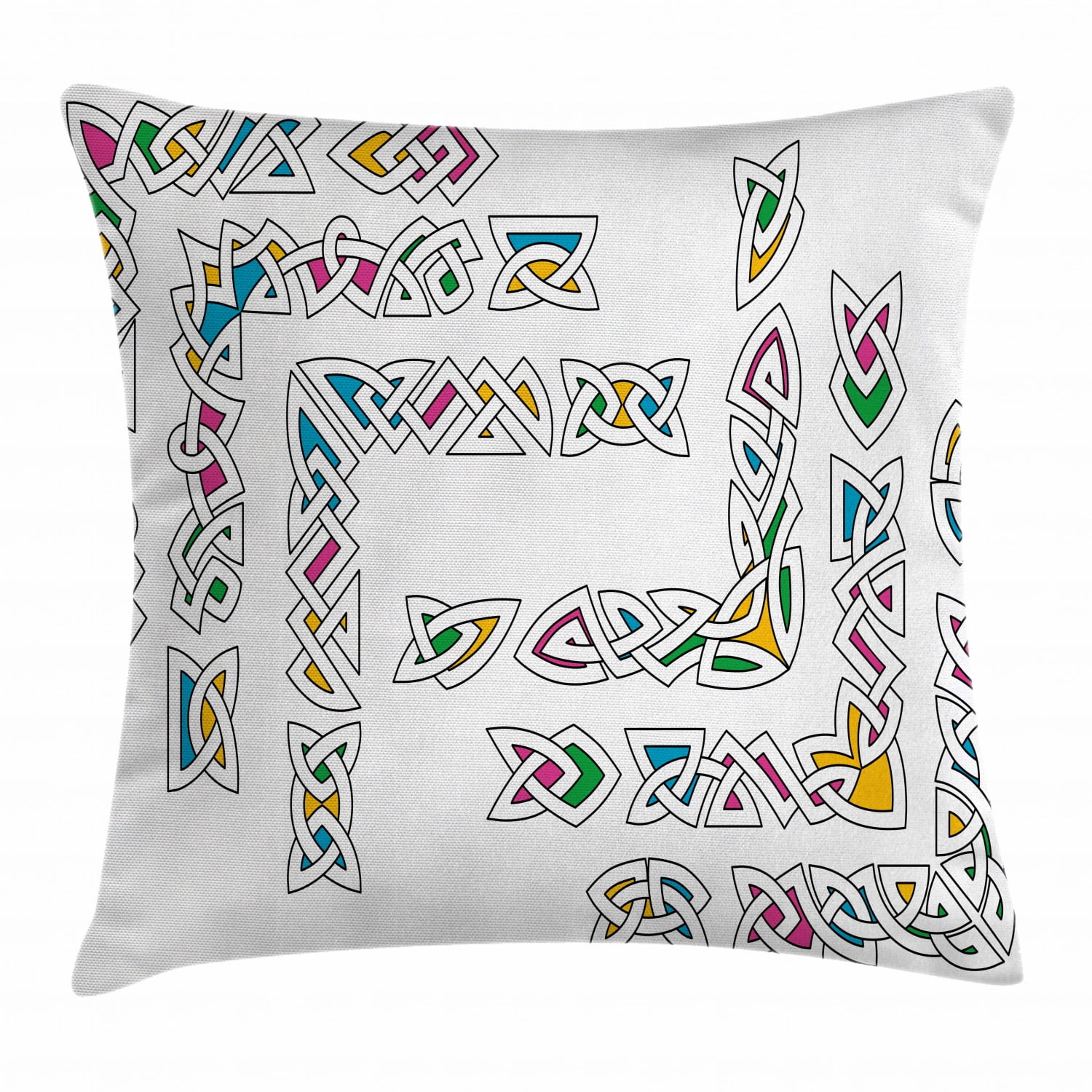 Irish Throw Pillow Cushion Cover, Celtic Ornament Patterns Set Colorful