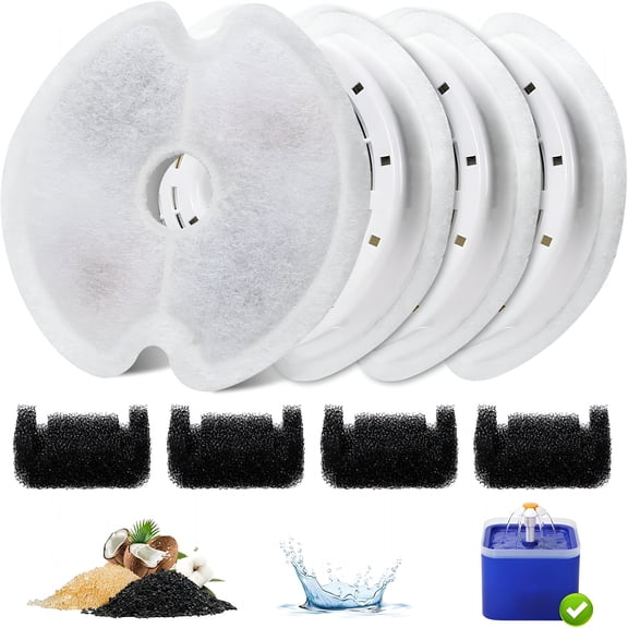 ACDANC 4 Pack Cat Water Fountain Filters Triple Filtration Replacement for 67oz/2L Ultra Silent Pet Fountain with LED Night Light Carbon and Pre-Filter Sponges