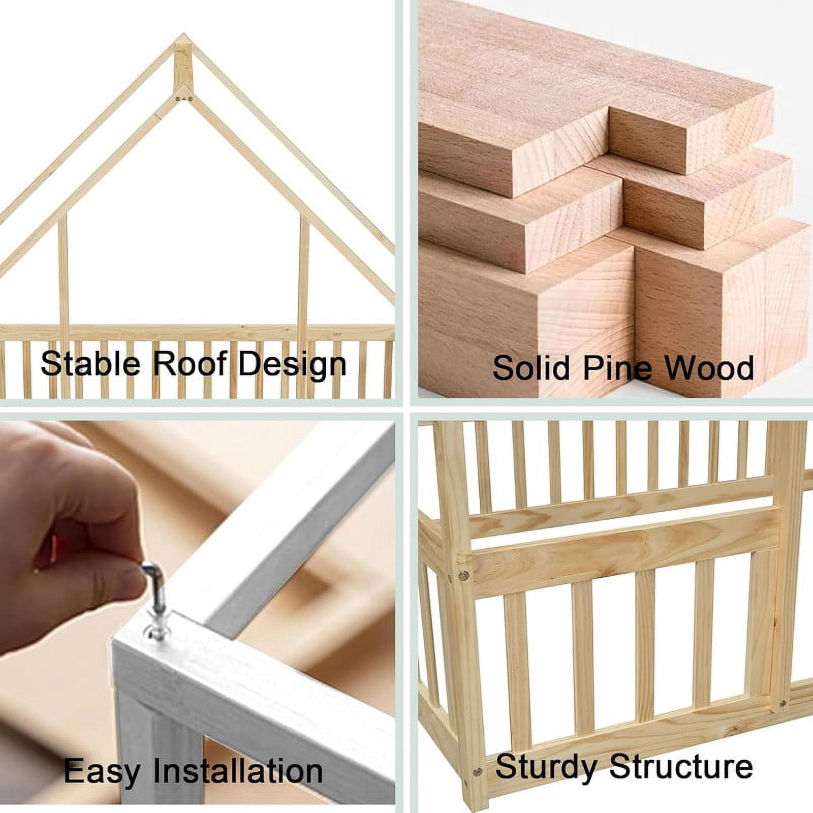 Duxelifin Twin Size House Floor Bed Frame with Triangular Roof and Fence Rails, Wooden Floor Bed Frame Girls,Boys, Montessori Floor Bed, Easy Assembly (Natural)