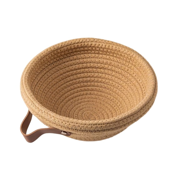 Natural Cotton Rope Bread Basket with Leather Handle, Round Handwoven Storage Basket for Kitchen Countertop, Eco-Friendly Fruit Snack Tray for Dining Table, Rustic Home Decor