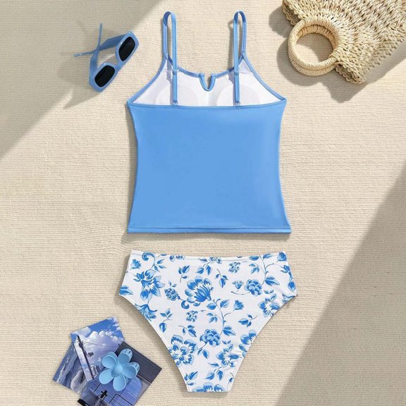 KANG Fashion Girls Swimsuit 2 Piece Bathing Suit Criss Cross Ruched Girl Tankini Sets Printed Girls' Swimwear for 9-14 Years Sky Blue 110