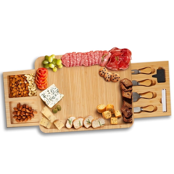 Bamboo Charcuterie Board Set with Hidden Drawers, Cheese Board Platter with Serving Knives, 13.5" Square