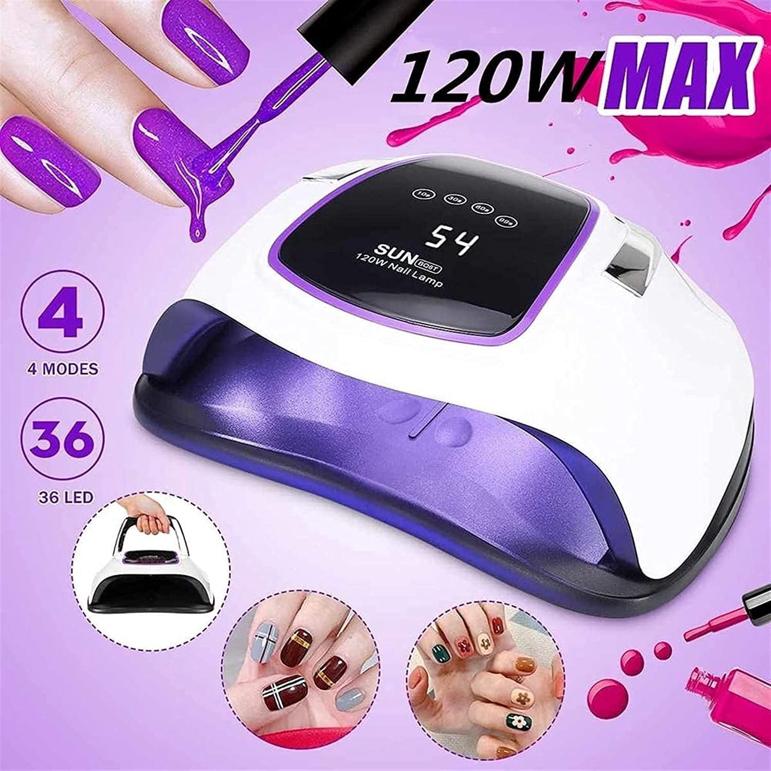 UV Gel Nail Lamp 120W LED Nail Light Fast Nail Dryer for Gel Polish Curing with 4 Timers Portable Handle Large Space Automatic Sensor