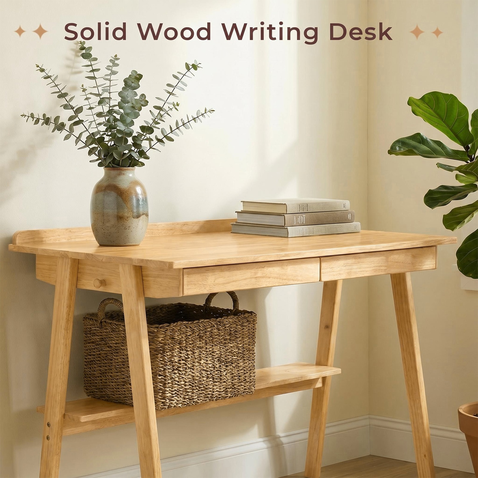 Hommoo Mid-Century Modern Solid Wood Writing Desk with 2 Drawers & Shelf, Compact Home Office Desk for Small Spaces, Study, Bedroom or Living Room, Natural