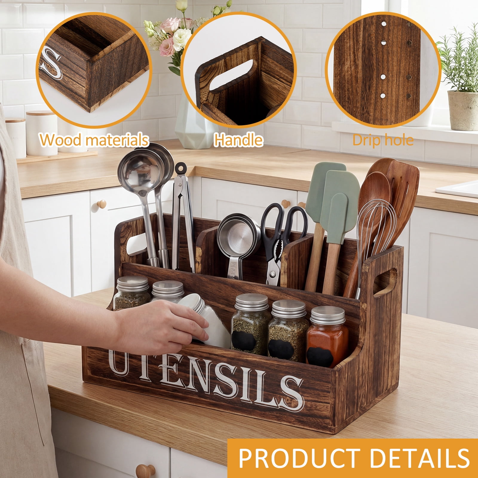 FUYGRCJ Innovation 2 Layers Kitchen Utensil Holder, Extra Large Wooden Utensil Organizer with 4 Compartments, Rustic Cooking Utensil Spatula Caddy for Silverware, Spoons, Cooking Tools Spice Storage