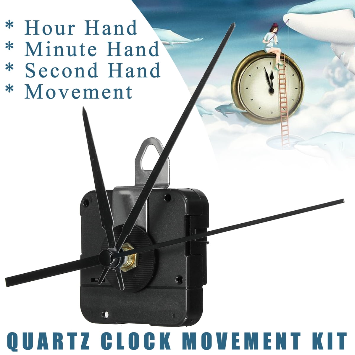 Clock Movement Mechanism with Black Hour Minute Second Hand DIY Tools Kit N3G3
