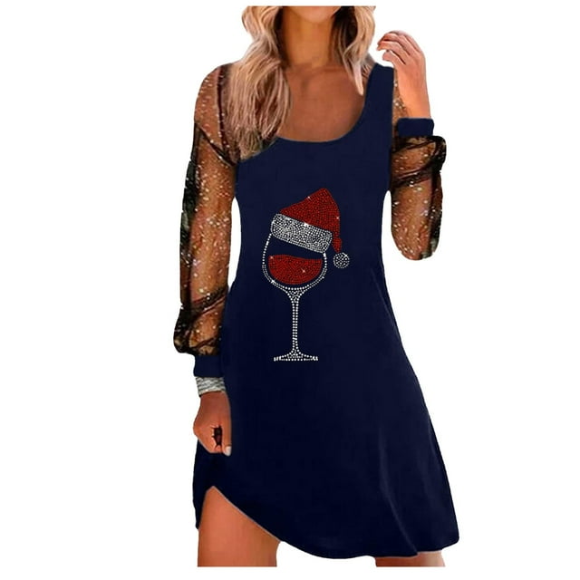 TIMIFIS Robes à Col Rond pour Femmes, Manches Longues, Patchwork, Joyeux Noël, Grande Robe Imprimée