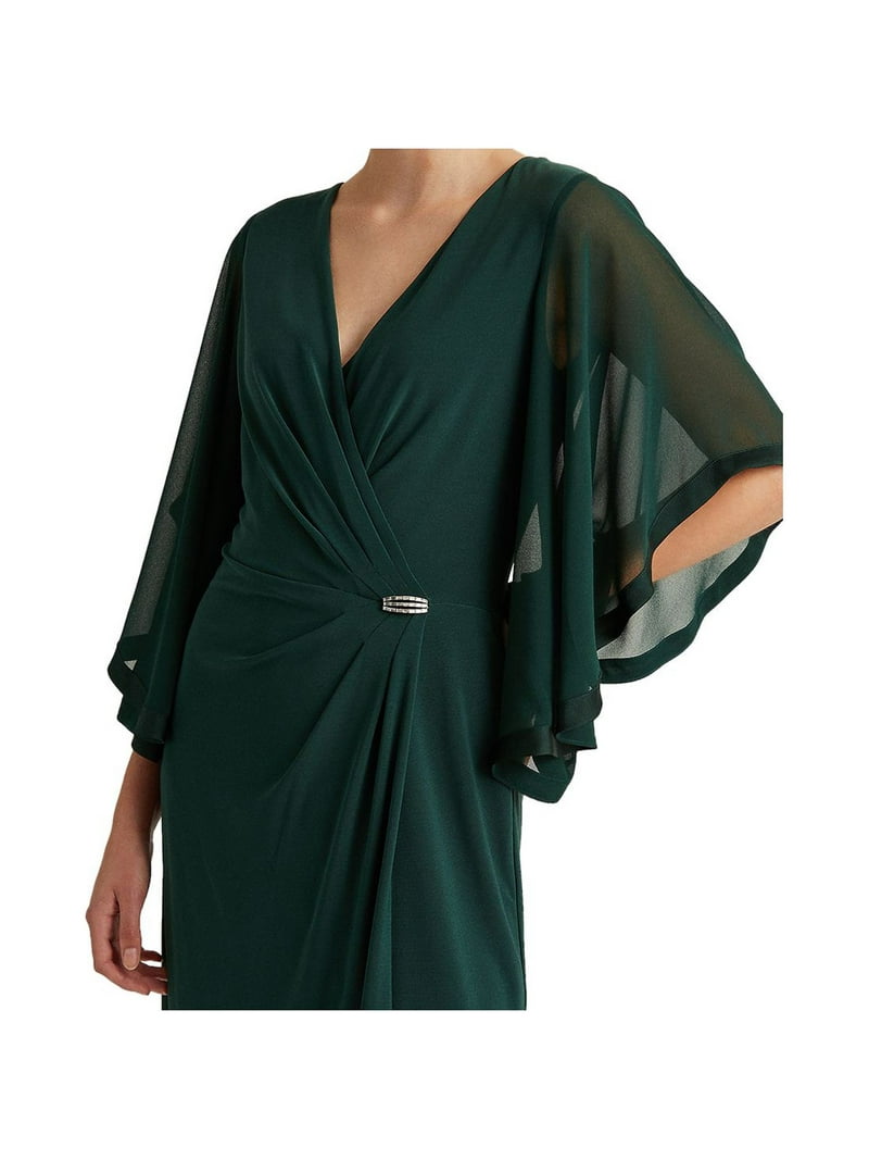 RALPH LAUREN Womens Green Stretch Zippered Ruched Draped Sleeves Brooch  Slitted Surplice Neckline Full-Length Evening Gown Dress 6 - Walmart.com