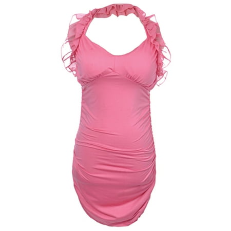 S/M Fit Neon Hot Pink Form Fitting Sheer Ruffle Strap Party Dress