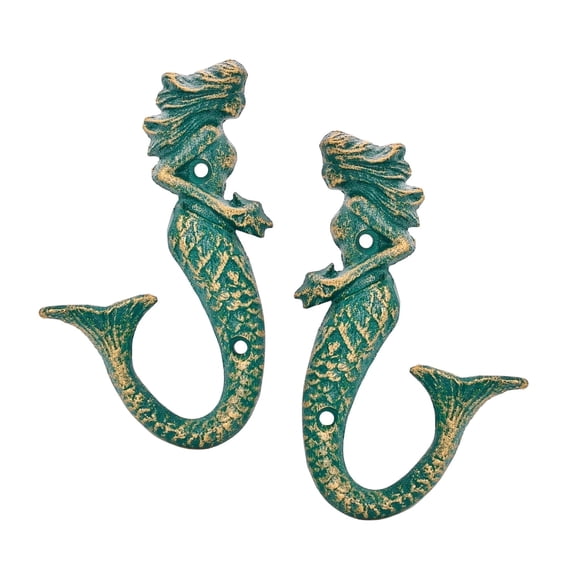 Sungmor Baño Playero de Hierro Fundido Hooks, Colgadores de Playa Vintage Rústicos de Sirena, Paquete de 2, Verde Antiguo