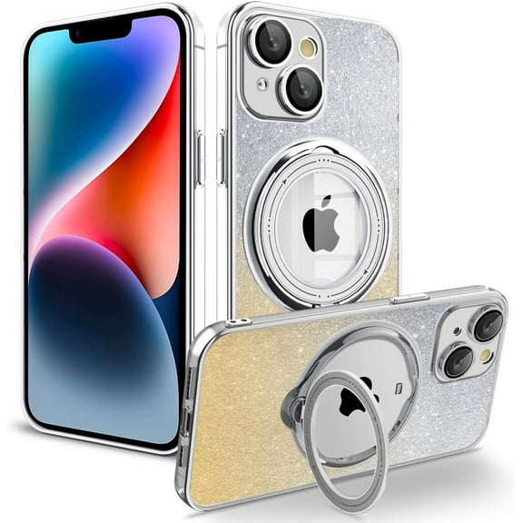 for iPhone Xs Max Case Glitter with Rotatable Ring Stand Compatible with MagSafe, Plating Bling Clear Case with Camera Lens Protector Slim Phone Case for Women Girls (Transparent)