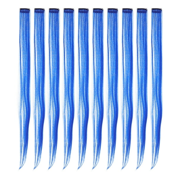 10 extensiones de cabello sintético con clip y reflejos de colores (azul)