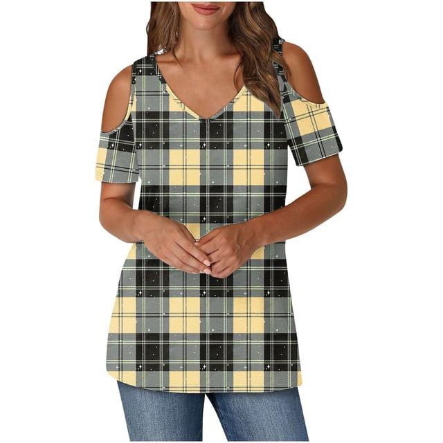 Puntoco Liquidación de blusas cortas para mujer, blusas estampadas para mujer, blusas de manga corta con escote en V y hombros descubiertos, blusas de moda