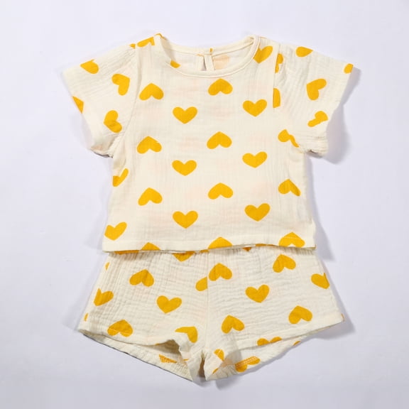 SONGGE Toddler Kids Baby Boy Girl Linen Outfit Sets Short Sleeve Heart Pattern T Shirt Tops Elastic Shorts Set 2Pcs Casual Summer Cartoon Comfort Clothing Sets