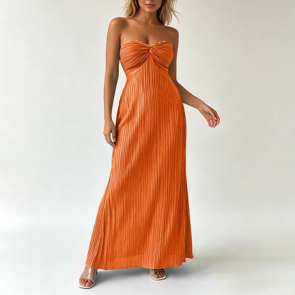 Bnwani Maxi Dresses,Women Dresses,Bandeau,Pleated,Side Split,Solid,Orange,S