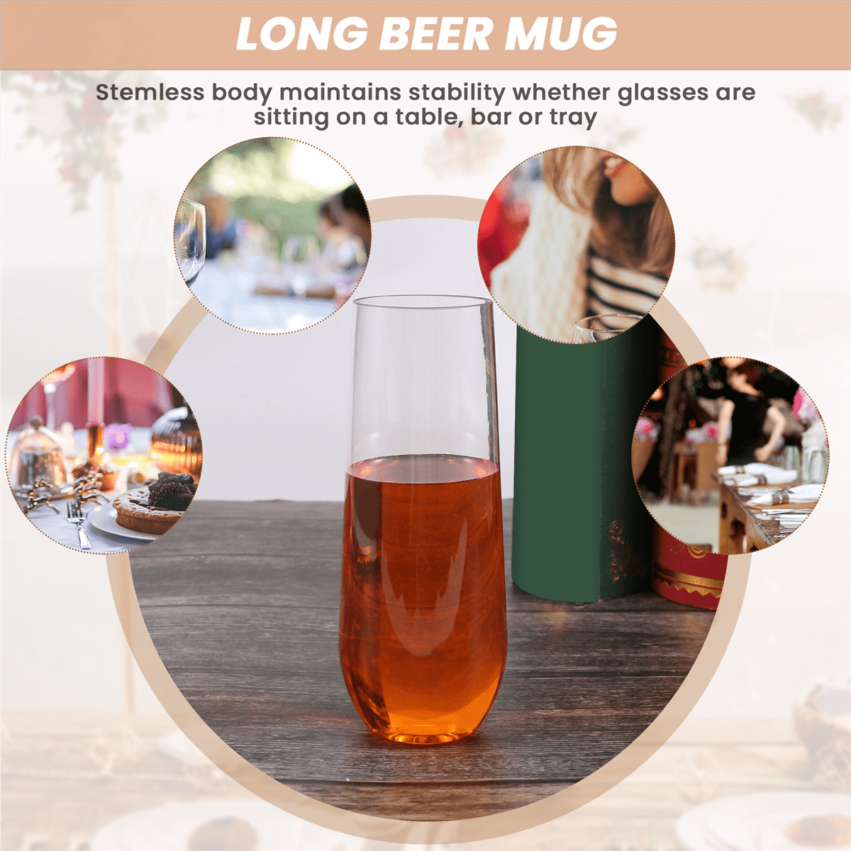 24 Stemless Plastic Champagne Flutes - 9 Oz Glasses Clear Unbreakable Toasting Disposable for Wedding Or