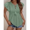 thumbnail image 3 of Camiseta con ojales de jacquard para mujer, Top con cuello redondo y manga con volantes, jersey con cordones de verano, Top verde S, 3 of 8