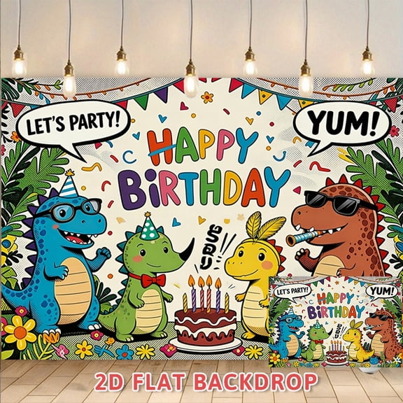 Dinosaur Themed Happy Birthday Backdrop, Colorful Party Background Banner for Birthday Party Decorations, Photo Booth Props and Wall Decor Supplies