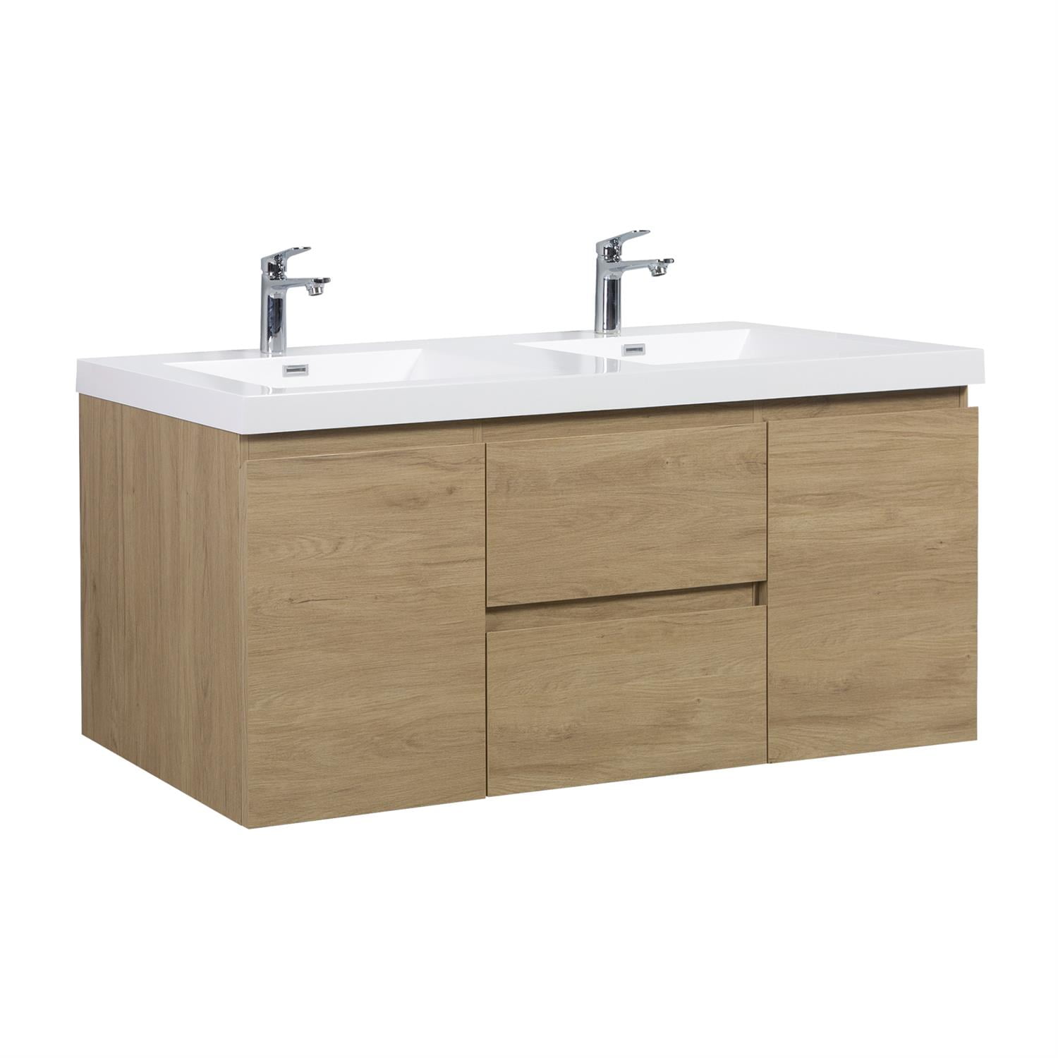 Demi Bonn 60" Floating Bathroom Vanity with Sink, Double Resin Top Basin and 2 Soft Close Drawers, 2 Storage Cabinet, Faucets and Drains Not Included, Brown