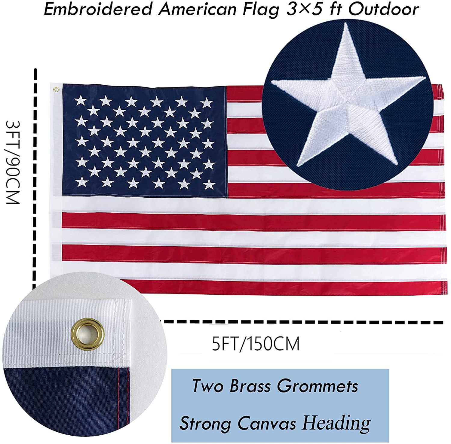 American Flag,3x5 ft 250D American Flag Outdoor The Strongest, Longest Lasting, 3x5 ft 250D. Embroidered Stars Sewn Stripes Brass Grommets 3x5 Foot