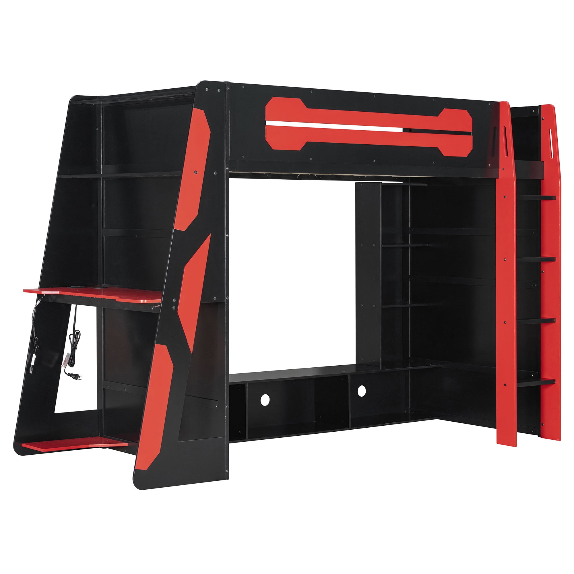 Mintazer Twin Size Gaming Loft Bed with Desk, LED Light & Charging Station, Kids Platform Bed Frame with Storage Shelves for Teens, Black & Red