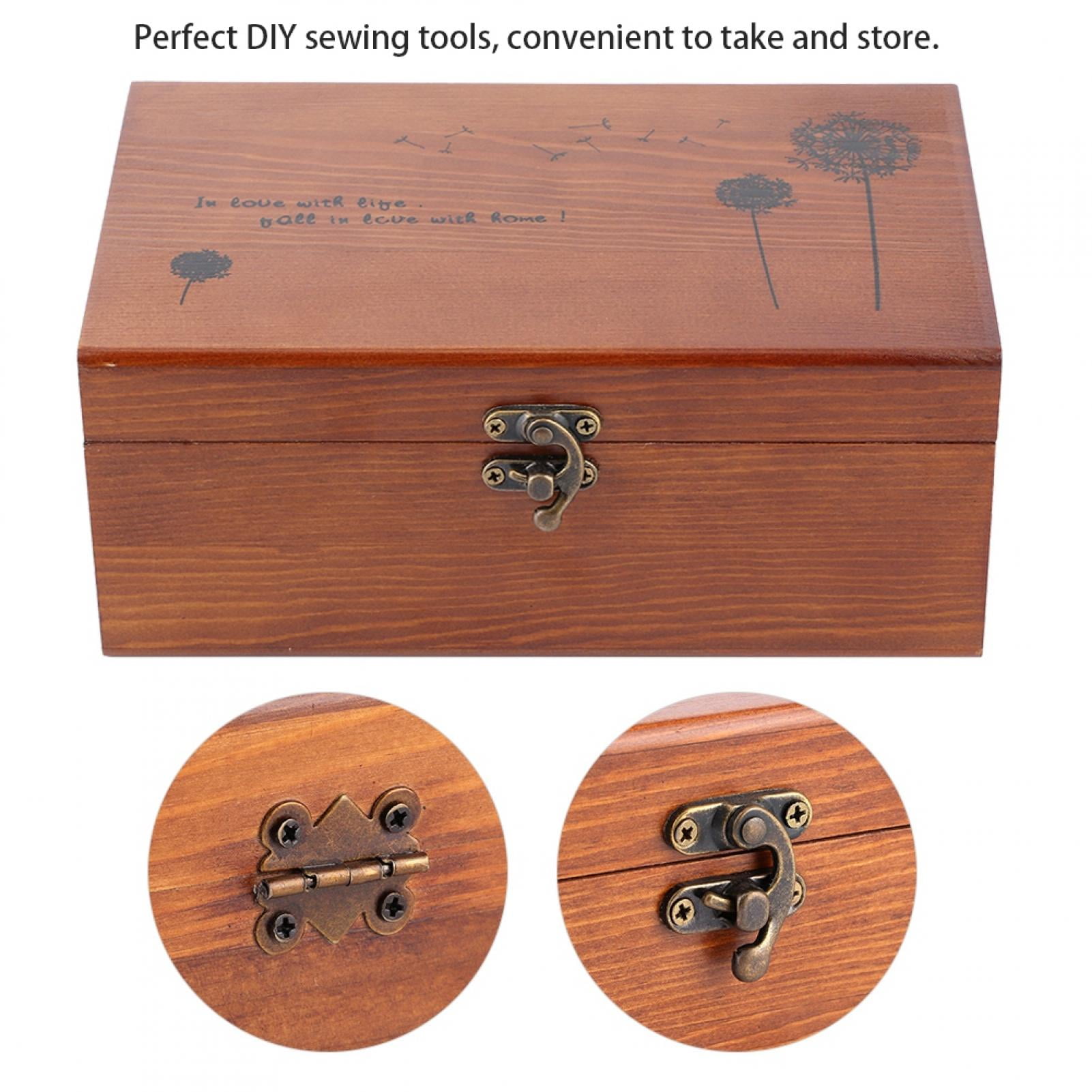 Household Vintage Wooden Sewing Box Needle Thread Storage Case Organizer DIY Set 